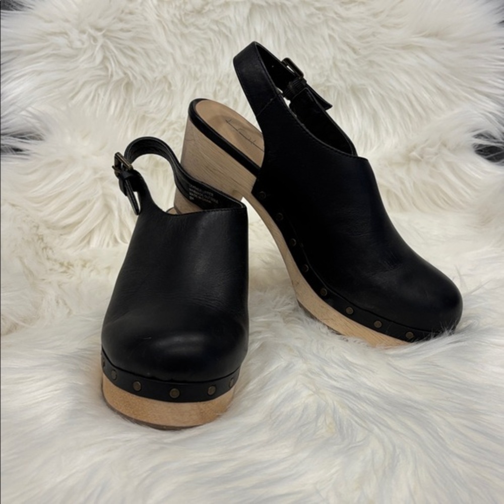 LOFT Black Leather Clogs with Wooden Sole 6
